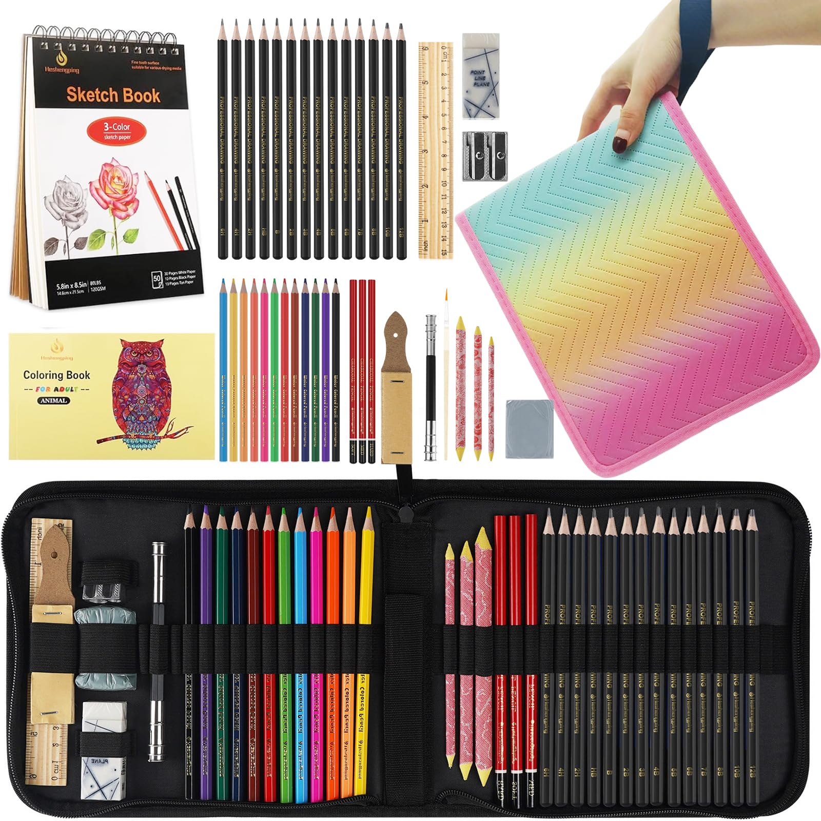 42 Pack Drawing Set Sketch Kit, Art Sketching Supplies has 3-Color Sketchbook Coloring Book Graphite Charcoal watercolor pencils
