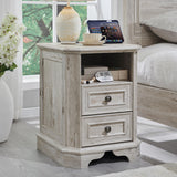 T4TREAM Farmhouse Nightstand with Charging Station, 18 End Table with 2 Drawers, Wood Side Table, Bedside Cabinet for Bedroom, L