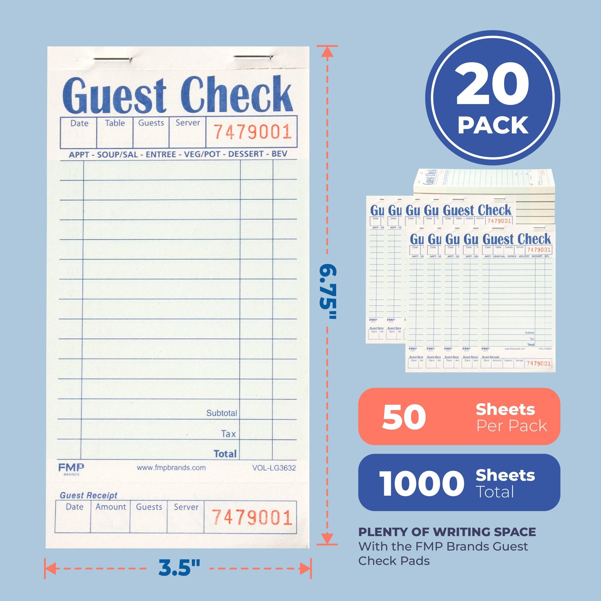 FMP Brands Guest Check Books for Servers, Server Note Pads Paper, Total 1000 Sheets (20 Pads), Light Green with Guest Receipt, G