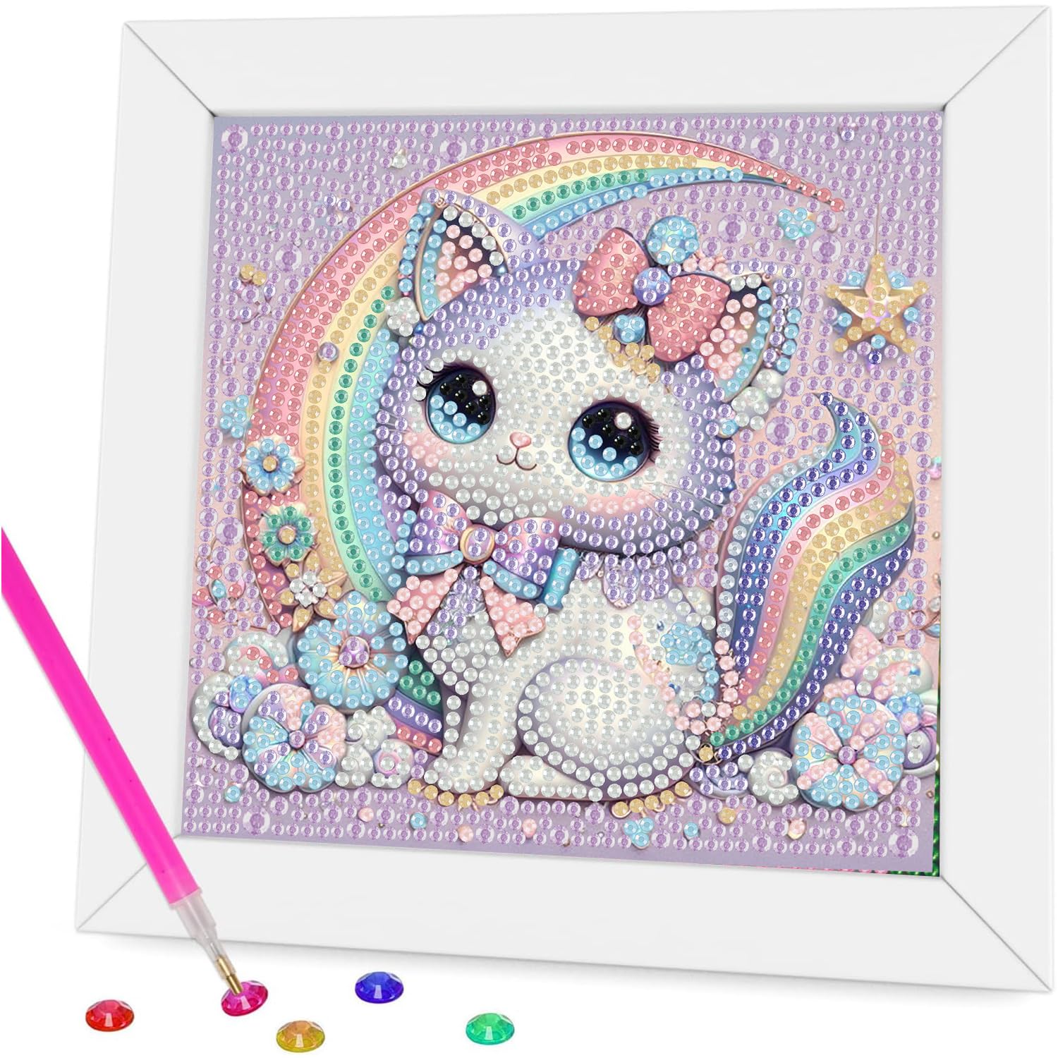 Aestalrcus Cat Diamond Art Kits for Kids with Frame, Cat Diamond Art Painting for Kids Ages 4-12, Easy Crystal Gem Art Kits for 