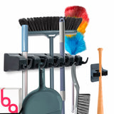 Combo 5 Slot Broom Holder w/ 1 Self Adhesive Mop Gripper No-Drilling, Wall Mount Tool Organizers For Kitchen, Garage, Laundry Ro