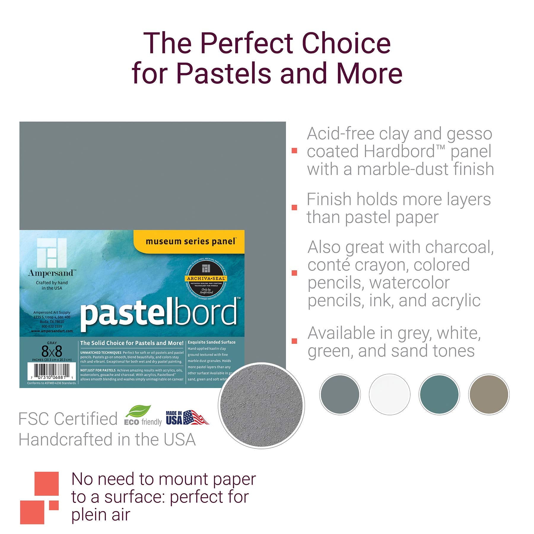 Ampersand Art Supply Pastel Painting Panel: Museum Series Pastelbord, Green, 1/8 Inch Flat Profile, 5X7 - Pack Of 3