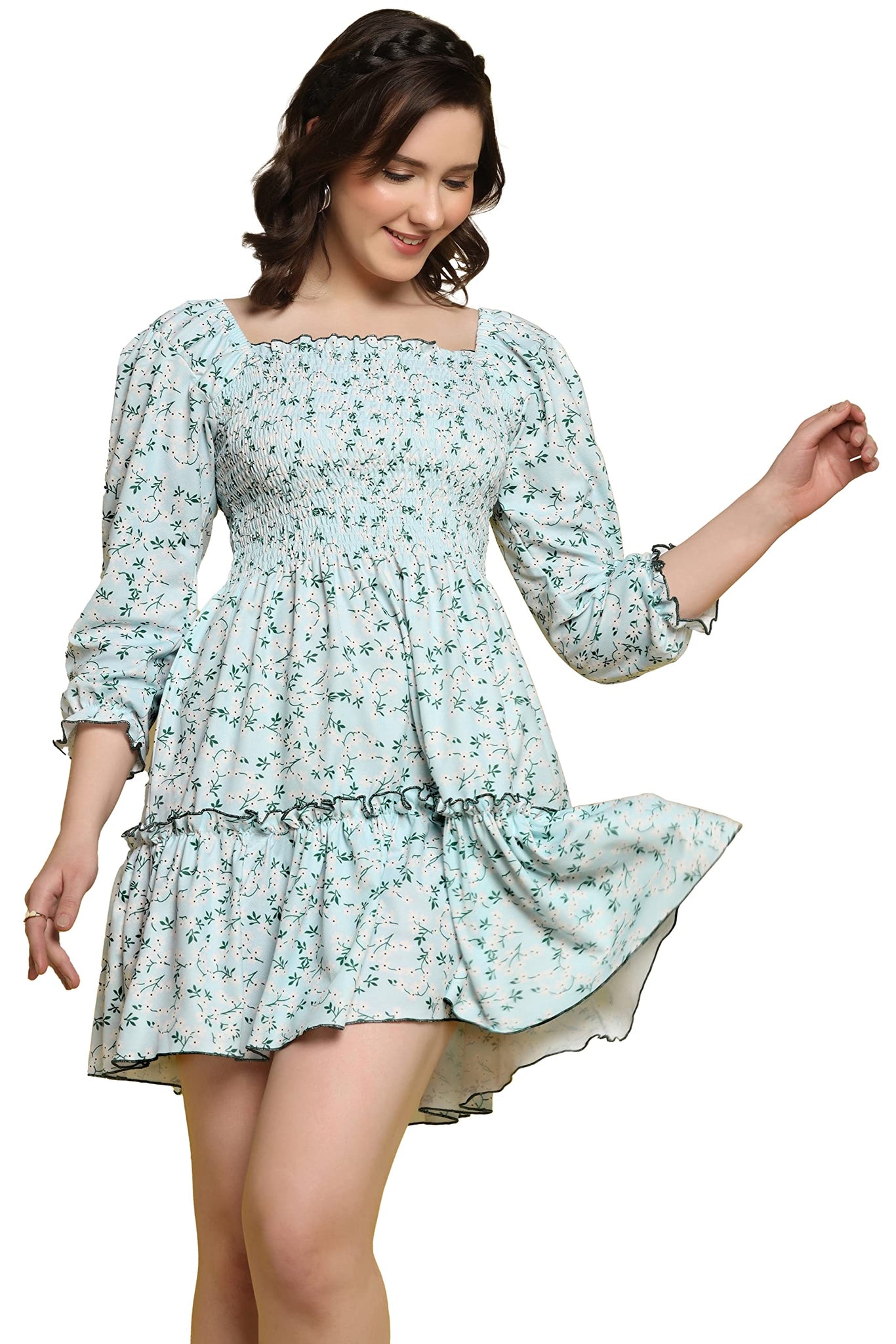 Toplot Dresses For Women Floral Print With 3/4 Sleeve (Midi-5067-Sky-L),Sky,,B0BS3KY2MG