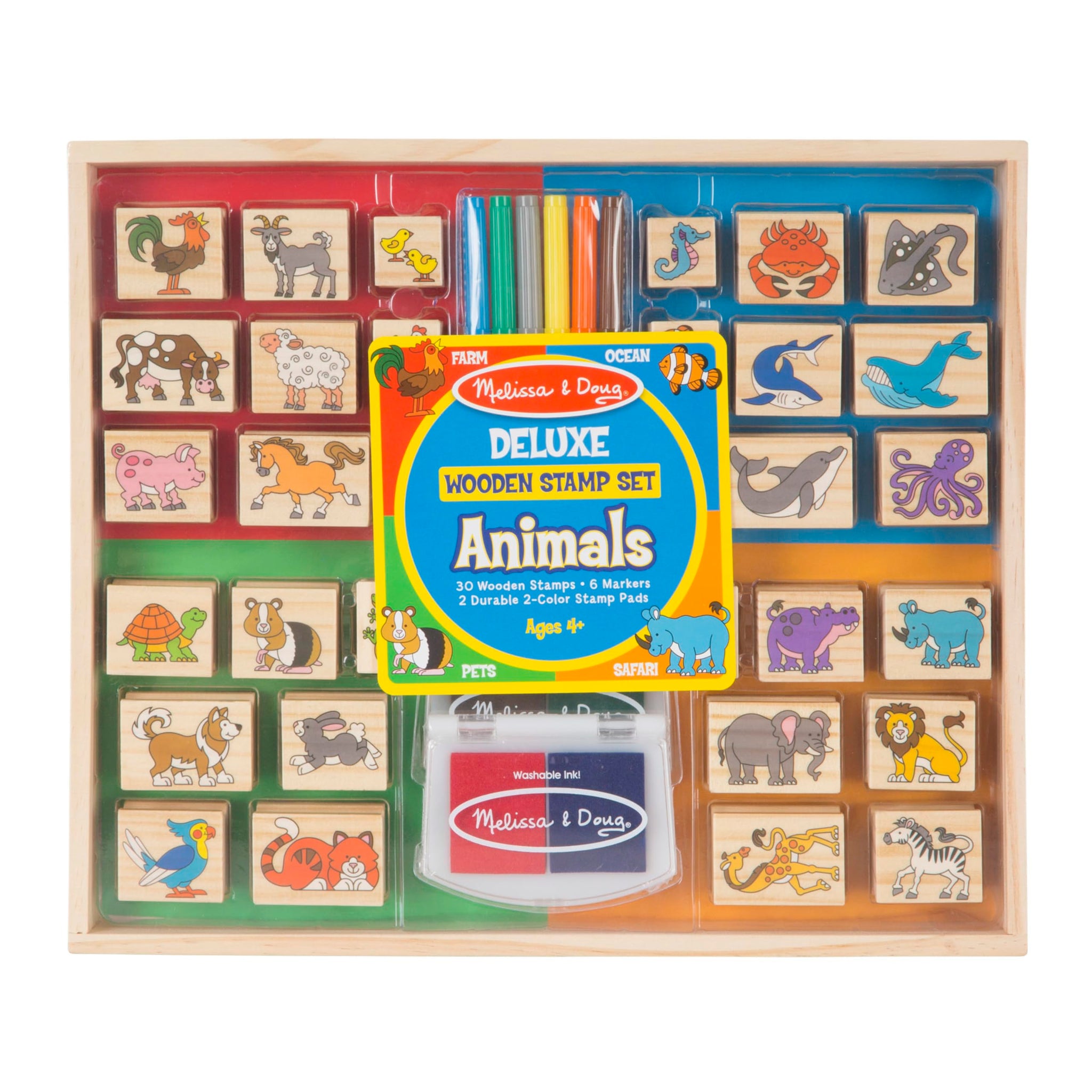 Melissa & Doug Deluxe Wooden Stamp Set: Animals - 30 Stamps, 6 Markers, 2 Stamp Pads - Kids Art Projects, With Washable Ink, Woo