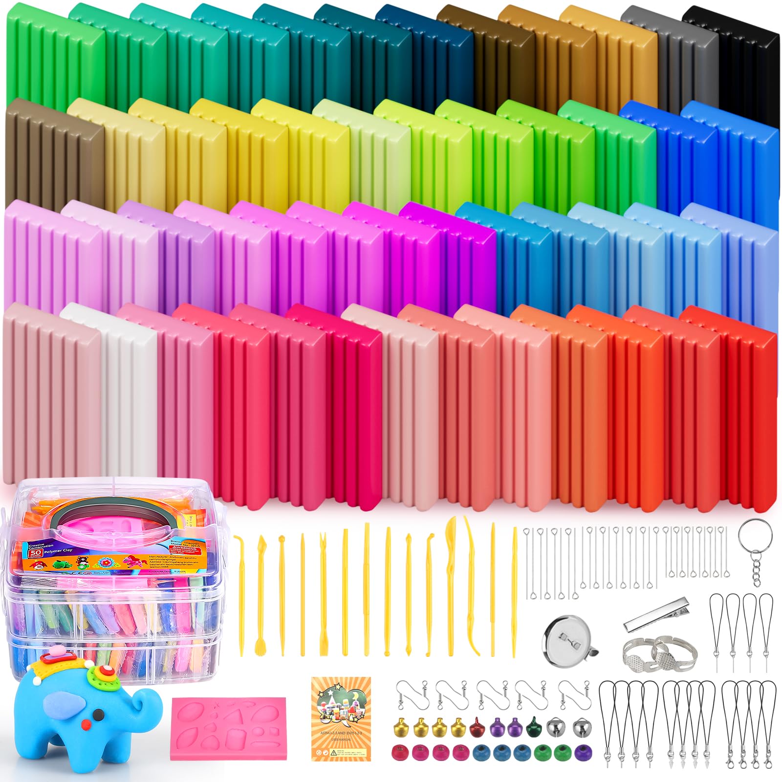 Ixiaoyoo Polymer Clay 50 Colors, Modeling Clay for Kids DIY Starter Kits, Oven Bake Model Clay, Non-Toxic, Non-Sticky, Ideal Gif