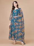 Women Floral Print Anarkali Kurta With Pant And Dupatta (Krt547) (Large Blue),Blue,L,Organza,Anarkali,Kurta, Scarf