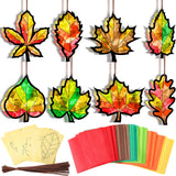 Eersida 32 Pcs Fall Suncatchers Paper Craft Set DIY Maple Leaf Shaped Stained Glass Tissue Paper Kits Bulk for Window Classroom 