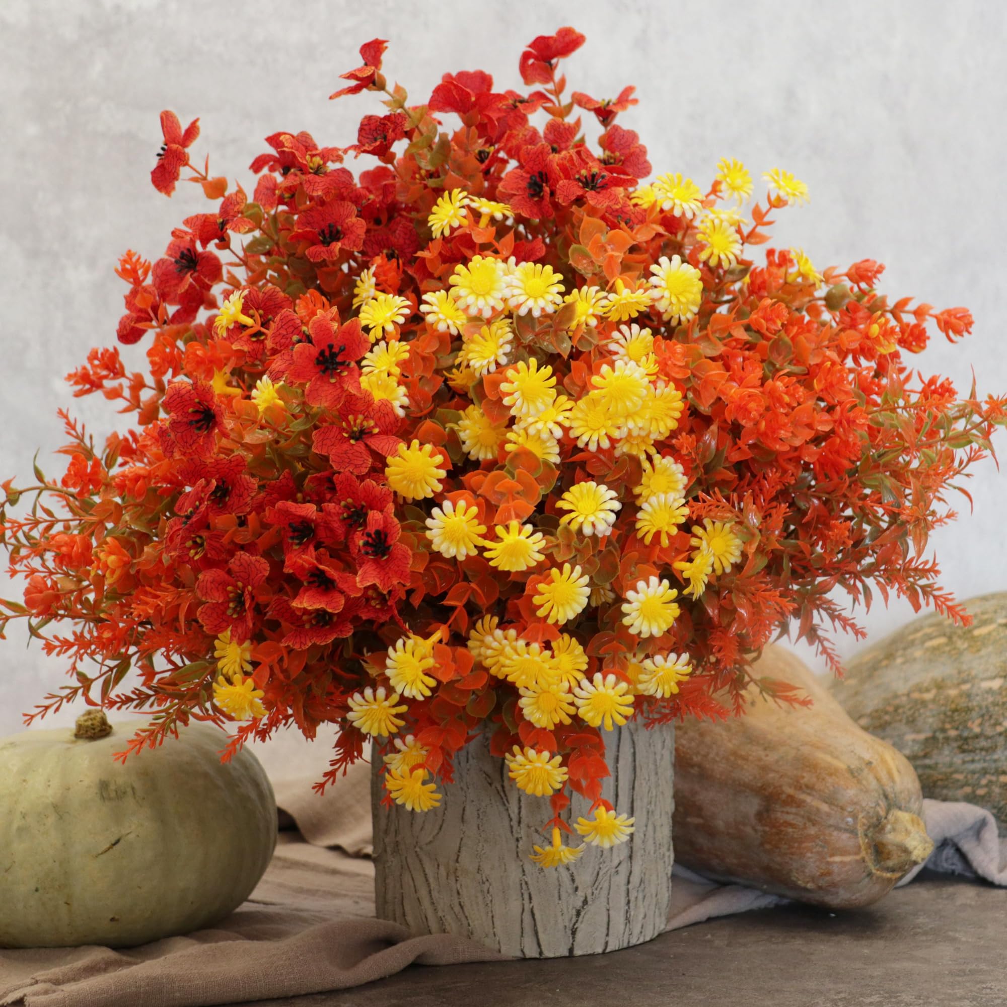 16 Bundles Artificial Fall Flowers for Outdoors, Fake UV Resistant Plants Faux Plastic Shrubs Fake Greenery for Garden Patio Dec