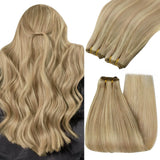 YoungSee 100G 14In Weft Hair Extensions Human Hair Short Hair Weft Extensions Golden Blonde Highlighted Dark Ash Blonde Sew in H