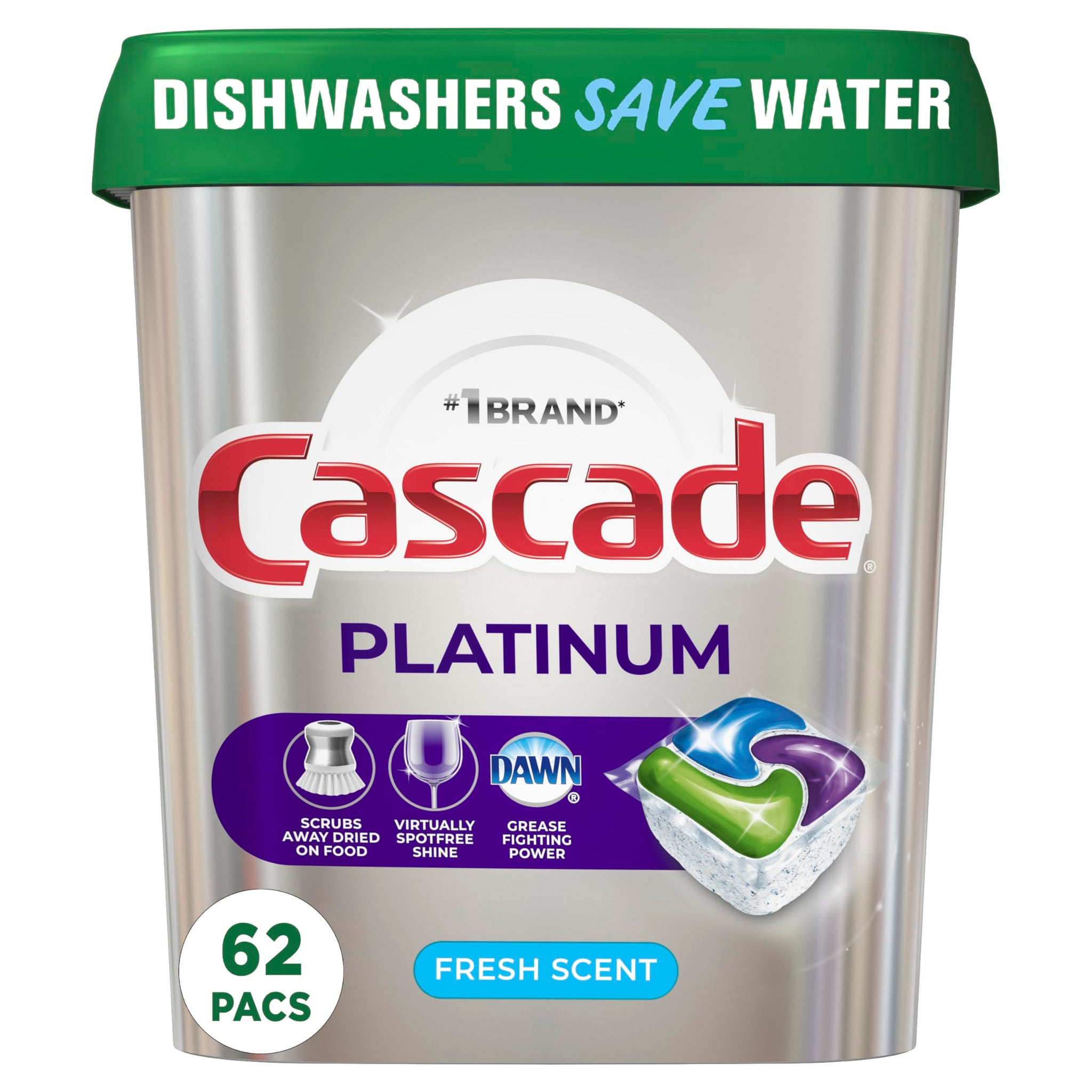 Cascade Platinum Dishwasher Pods, Actionpacs Dishwasher Detergent With Dishwasher Cleaner Action, Fresh Scent, 62 Count