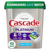 Cascade Platinum Dishwasher Pods, Actionpacs Dishwasher Detergent With Dishwasher Cleaner Action, Fresh Scent, 62 Count