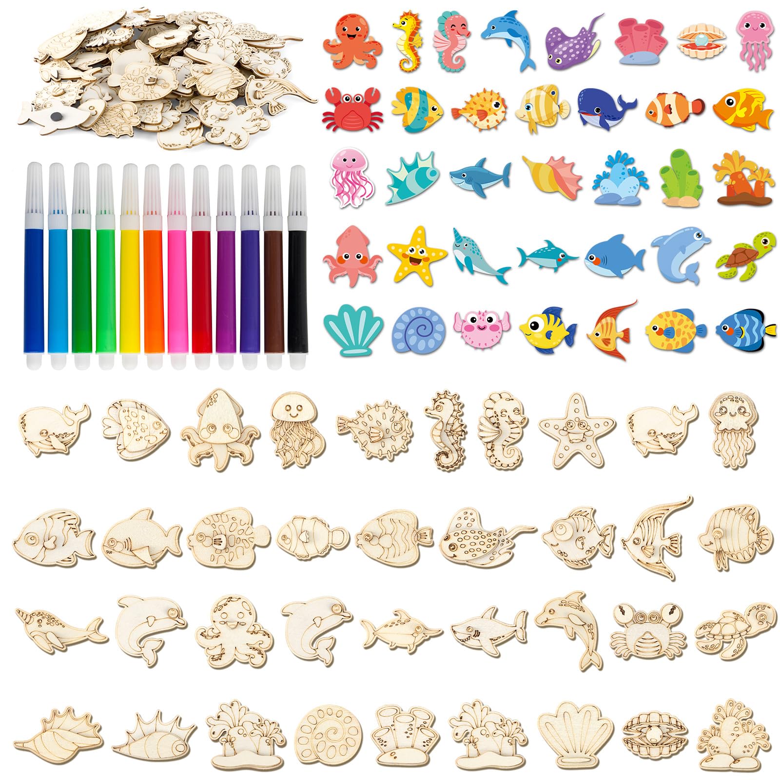gisgfim 36Pcs Wooden Magnet Painting Craft Kit DIY Wooden Ocean Animal Magnets Coloring Arts Crafts for Kids Ages 4-8 8-12 for B