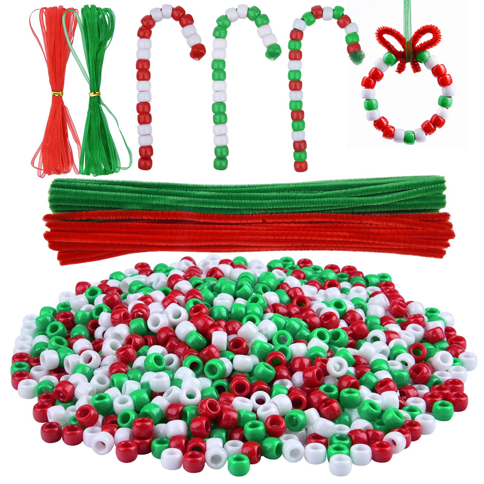 Livder Christmas Beaded Ornament Kit, Include 1000 Pieces Red Green White Plastic Beads, 60 Pieces Chenille Stems, 64 Feet Ribbo