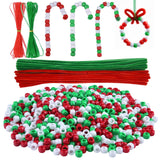 Livder Christmas Beaded Ornament Kit, Include 1000 Pieces Red Green White Plastic Beads, 60 Pieces Chenille Stems, 64 Feet Ribbo