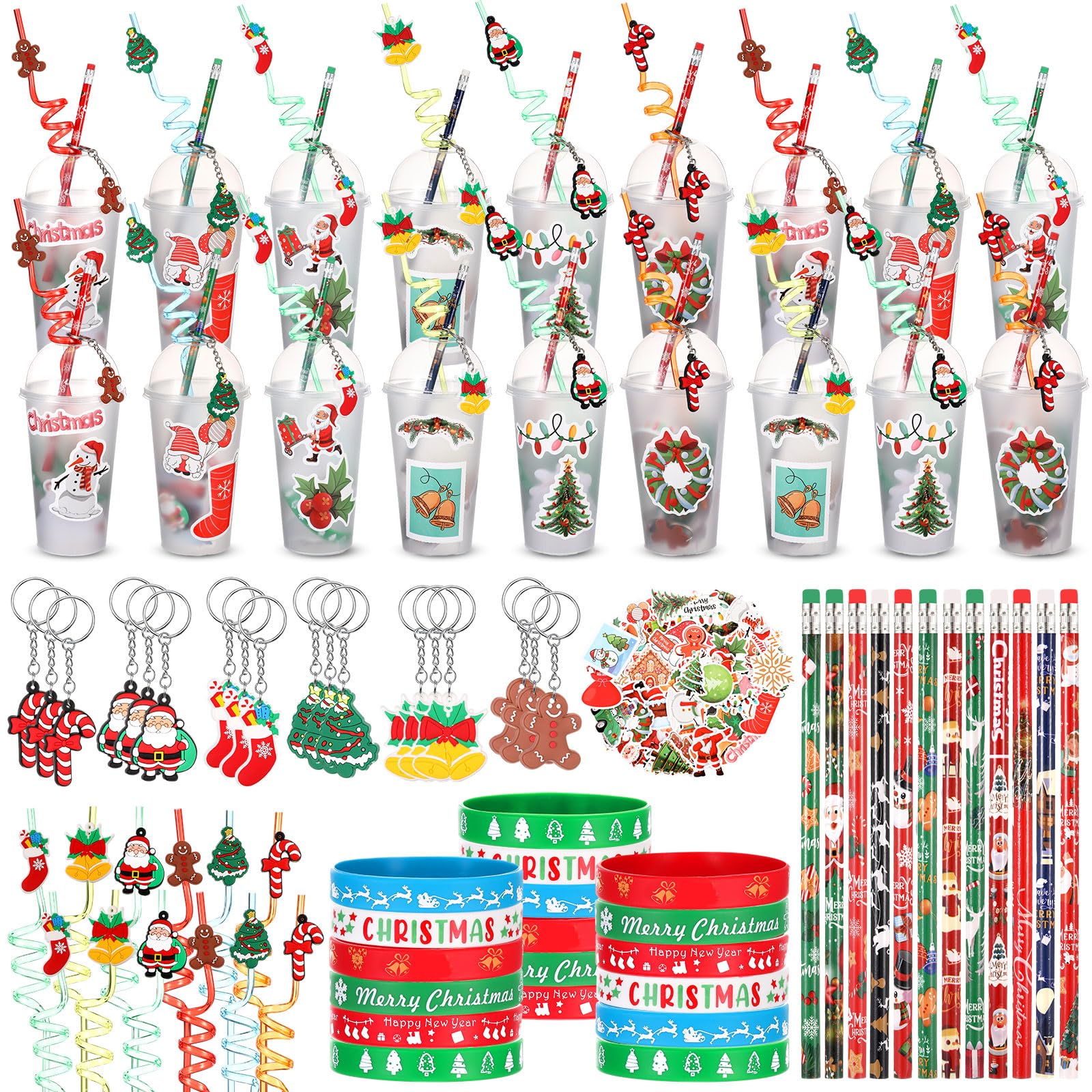 Seenelling 24 Set Christmas Stationery Party Favors for Students Xmas Gift Cups Filler with Keychain Pencil Straw Silicone Brace