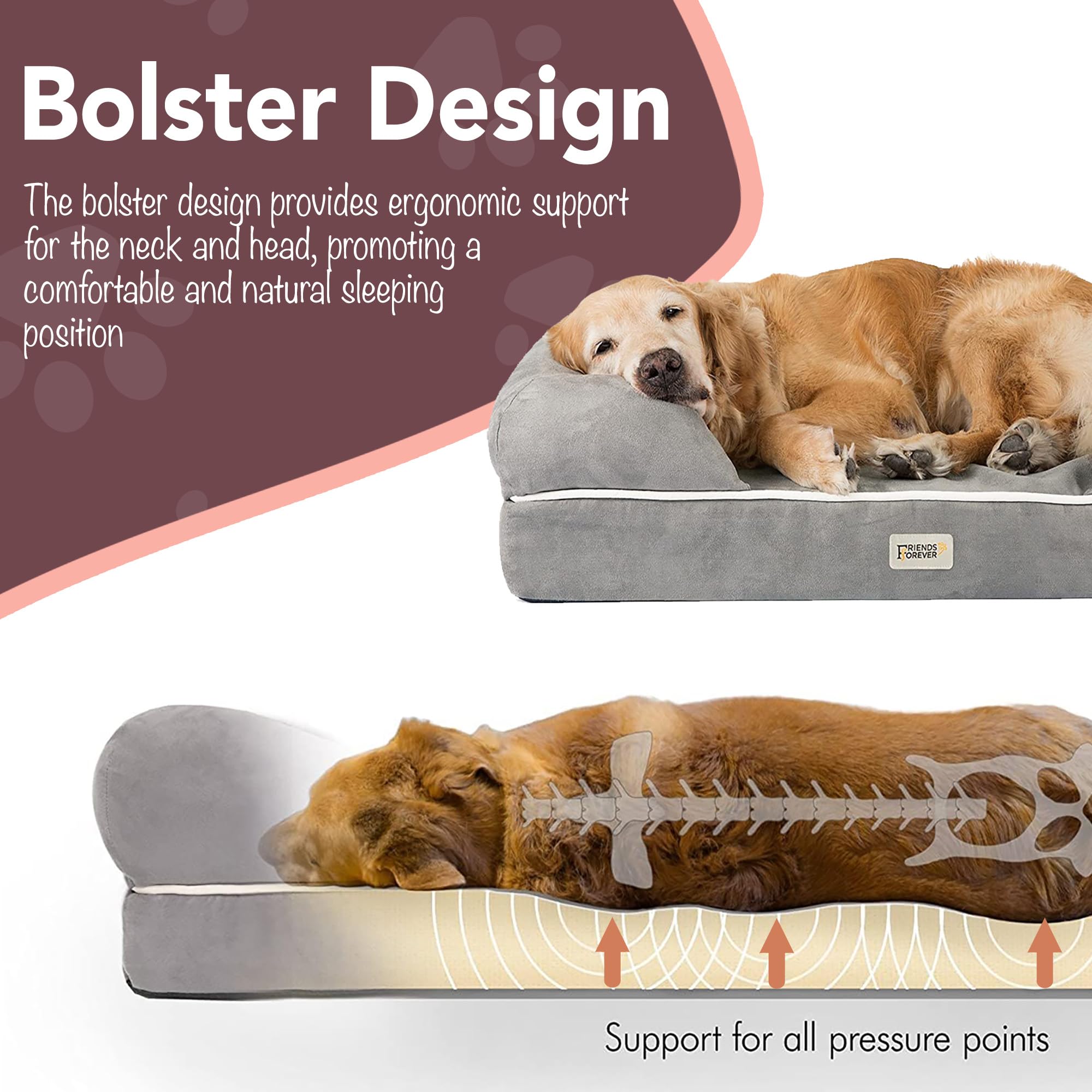 Friends Forever Large Dog Bed, Orthopedic Dog Sofa Memory Foam Mattress, Calming Dog Couch Bed, Wall Rim Pillow, Water Resistant
