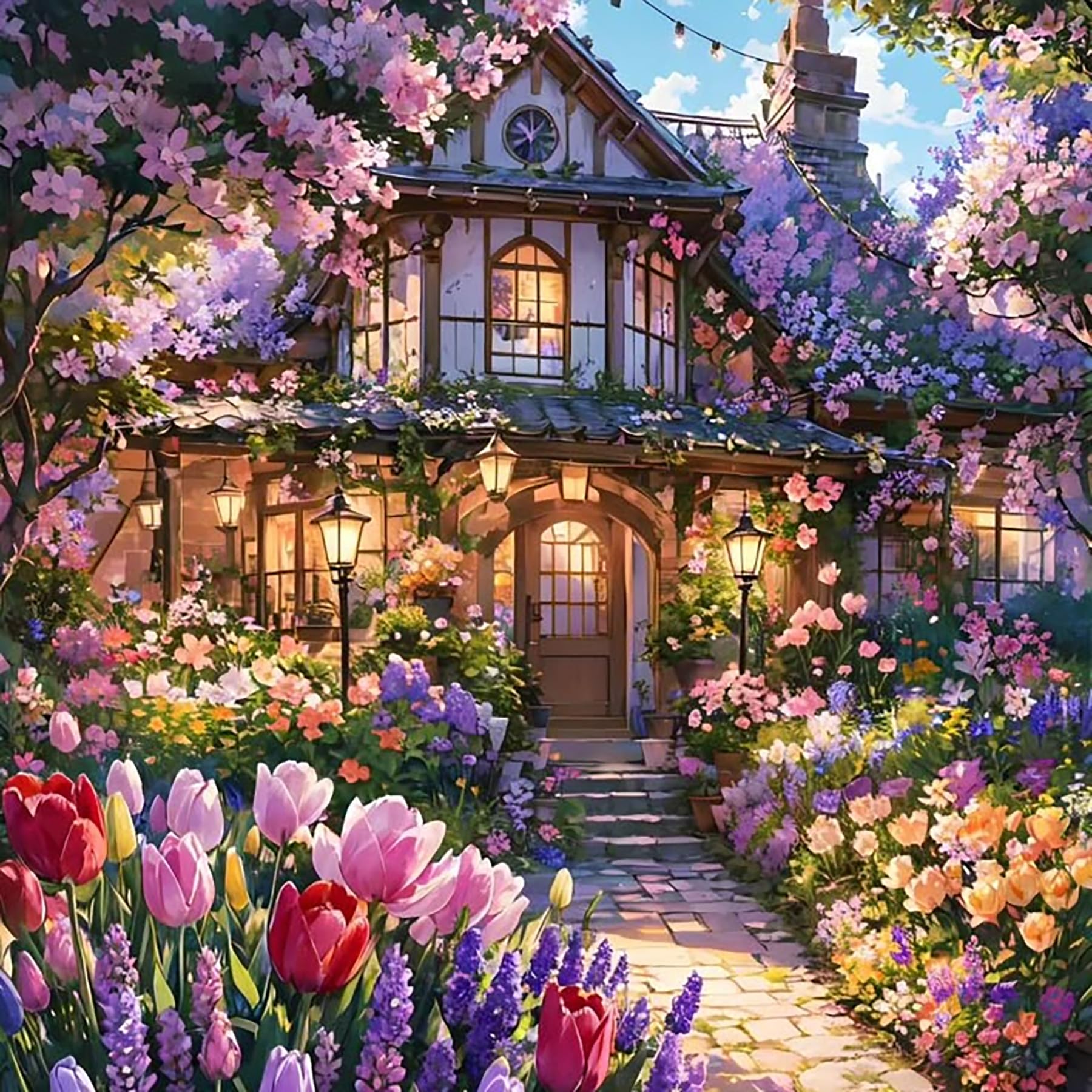 Ekuxom Flower Diamond Art Kits for Adults, 5D House Diamond Painting for Adults Beginners, DIY Full Round Drill Gem Art Diamond 