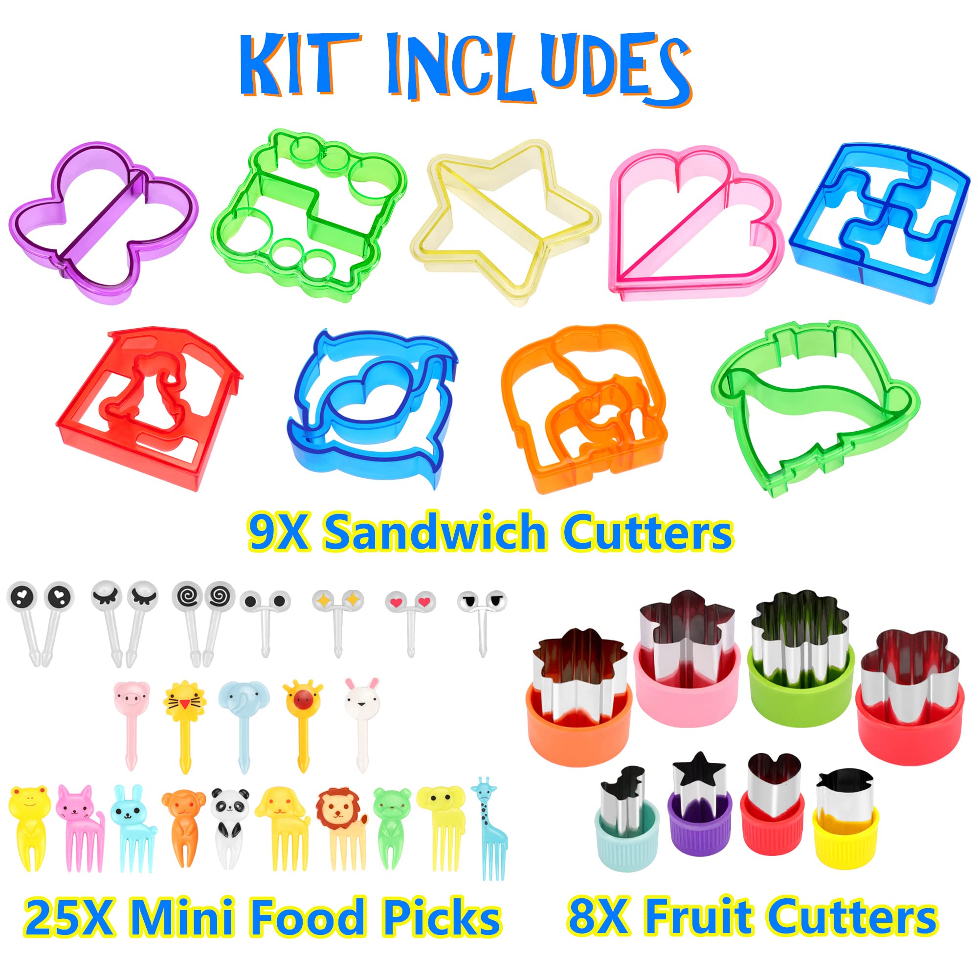 FUNGYAND Sandwich Bread Cutter Set, 45 in 1 Bento Lunch Box Accessories Kit Includes Fruit Cutter, Animal Food Picks, Rice Ball