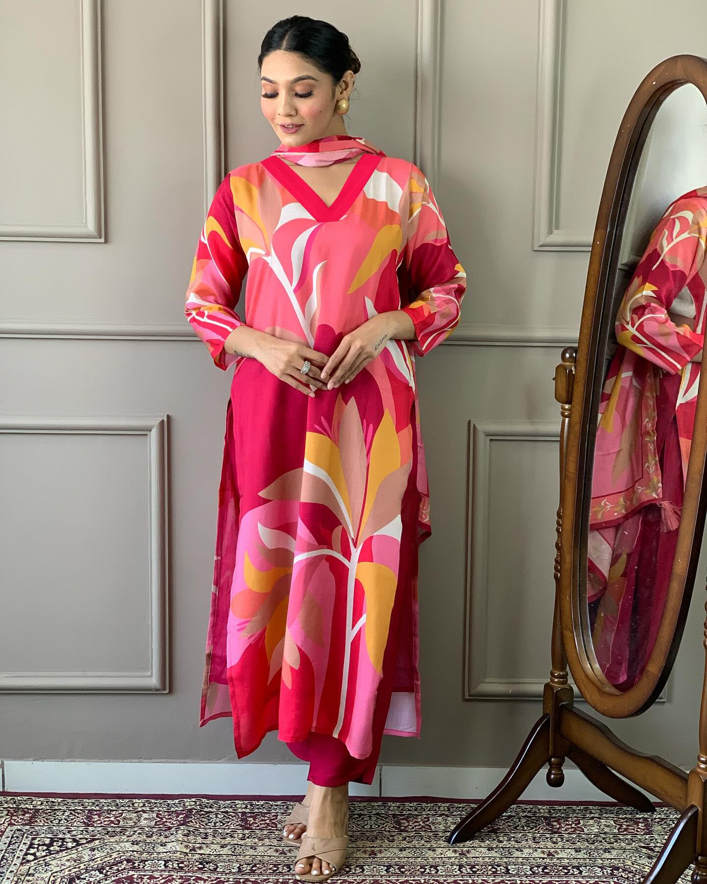 Anni Designer Women'S Cotton Blend Printed Straight Kurta With Pant & Dupatta (Tumari Pink_M_Pink_Medium),Pink,M,Cotton Blend,Regular,Kurta, Scarf