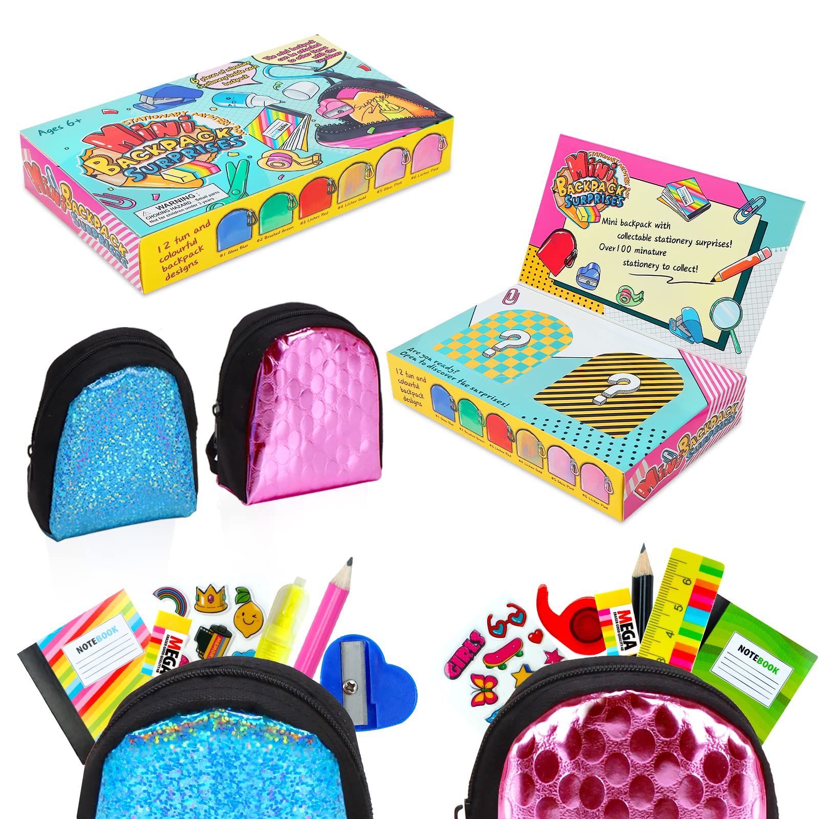 Euclidean Cube 2 Pieces Mini Doll Backpack Toys with 12 Stationery Surprises Inside, Collectible Mini Backpack for Doll with Car