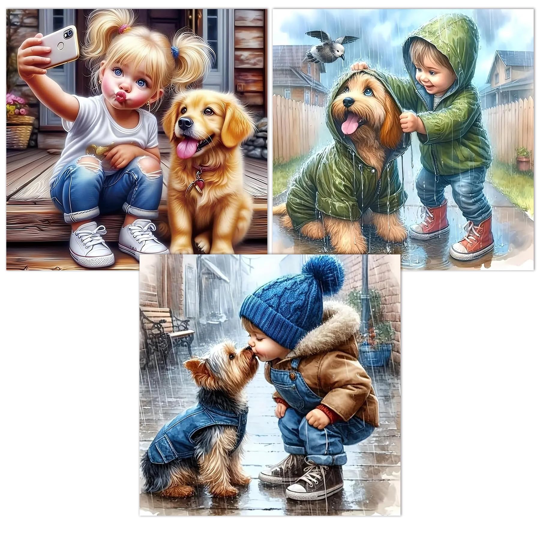 igoodom Diamond Art Kits for Adults, 3 Pack Animal Dog Diamond Painting Kit, Full Drill Round Dog Diamond Art Kits, DIY Gem Art 