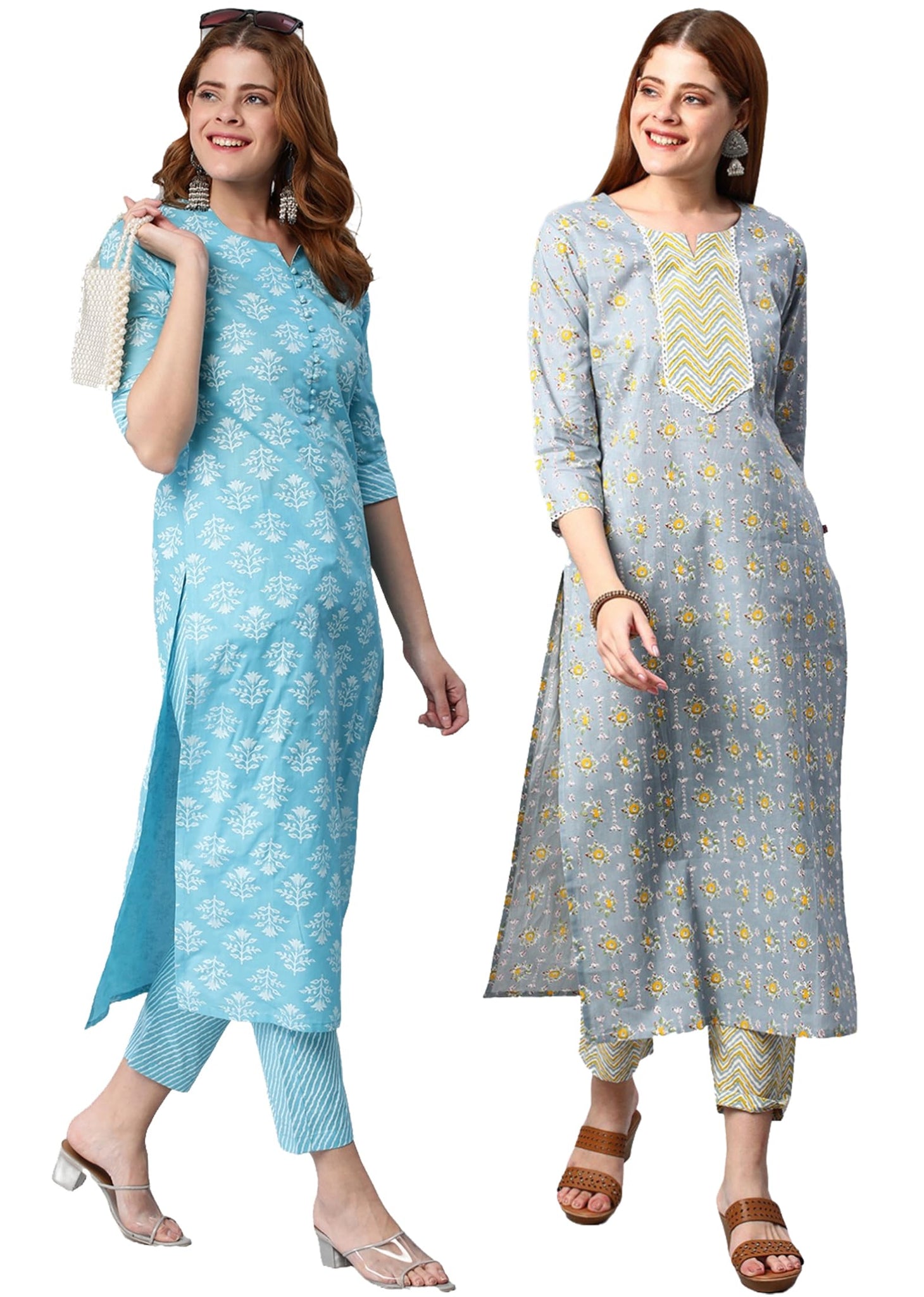 Anni Designer Women'S Cotton Blend Calf Length Printed Straight Kurta With Pant Pack Of 2 (Combo-Kidya-Mikaa_Multicolor_Xx-Large)