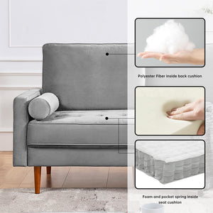 American Furniture Classics Grey 69 Inch Wide Upholstered Two Cushion Sofa With Bolster Pillows Velvet, 68' X 32' X 37'