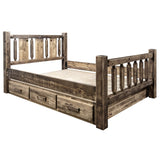 Montana Woodworks Homestead Collection King Storage Bed With Laser Engraved Wolf Design, Stain & Clear Lacquer Finish