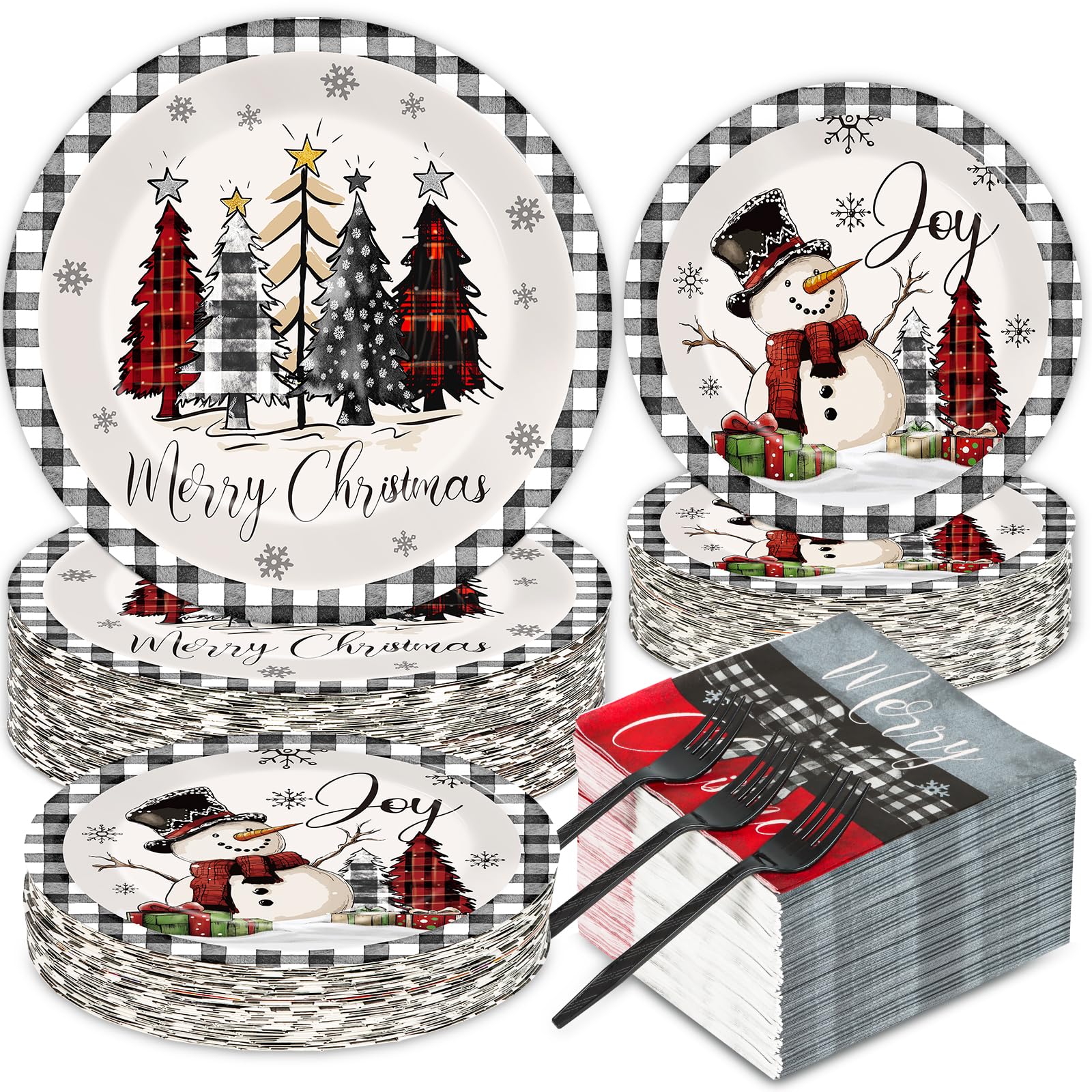 GOLDGAO 200 PCS Christmas Paper Plates Napkins Party Set Buffalo Plaid Xmas Tree Snowman Dinnerware Plate and Napkin Sets for Xm
