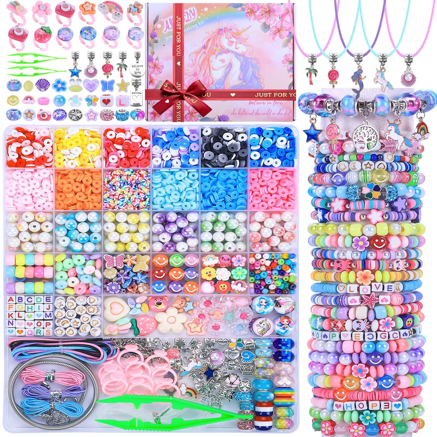 AIPRIDY 3200 Pcs Unicorn Jewelry Activity Kit,Clay Beads Bracelet Making Kit,Flat College Style Beading for Friendship Jewelry M