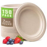 Gezond 100% Compostable Paper Plates 7 Inch, 150pcs Disposable Heavy-Duty Plates Unbleached Biodegradable Plate Made of Sugarcan