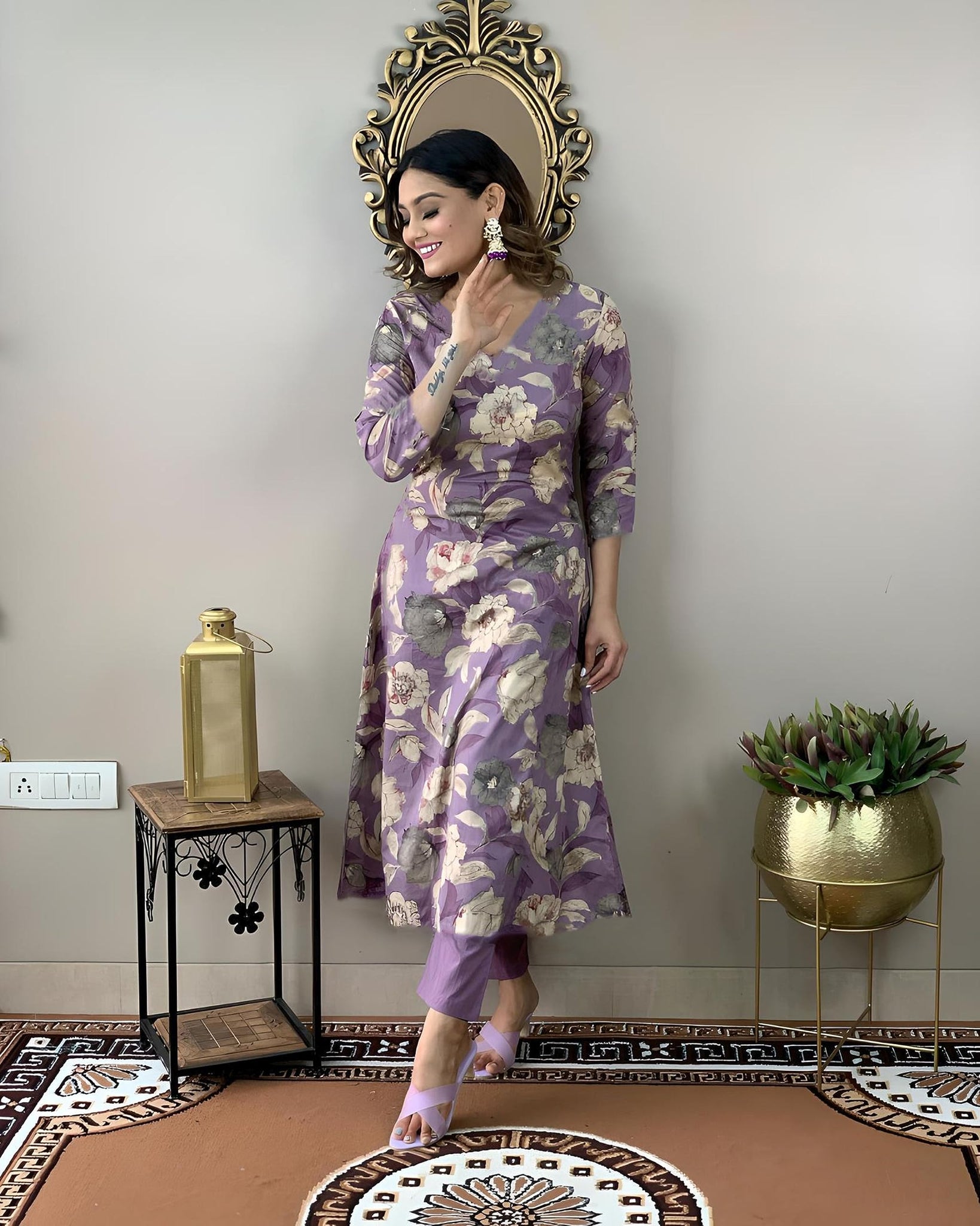 Gosriki Women'S Rayon Straight Printed Kurta With Pant Set (Dhun Purple-Gs_4Xl_Purple_Xxxx-Large),Purple,4,B0CFFFGCWW