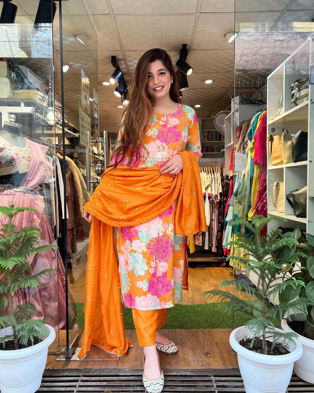 Anni Designer Women'S Cotton Blend Embroidered Floral Printed Straight Kurta With Pant & Dupatta (Litup-Orange_S_Orange_Small),Orange,S,Cotton Blend,Regular,Dupatta