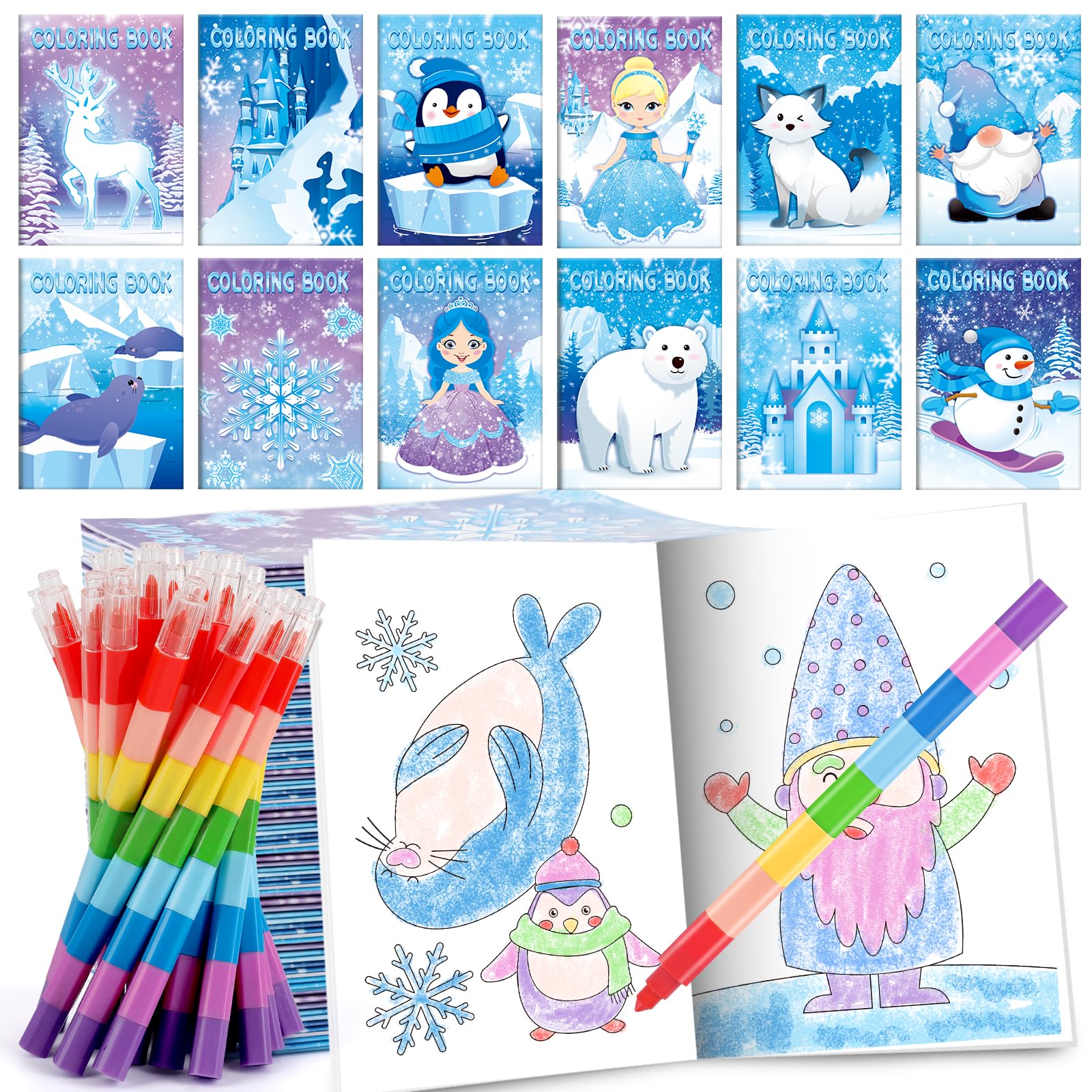 BenLouis 12 Frozen Mini Coloring Books Kids with 12 Stacking Crayons Winter Snowflake Themed Party Favors Small Activity Books B