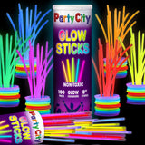 Party City 100 Glow Sticks Bulk Party Pack 8  - Neon Glow in the Dark Party Supplies, Glowsticks with Connectors Bracelets & Ne