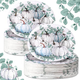 Tioncy 100 Pcs Fall Disposable Oval Plates Blue and White Pumpkin Paper Plates 10'' x12'' Disposable Thanksgiving Decoration Gif