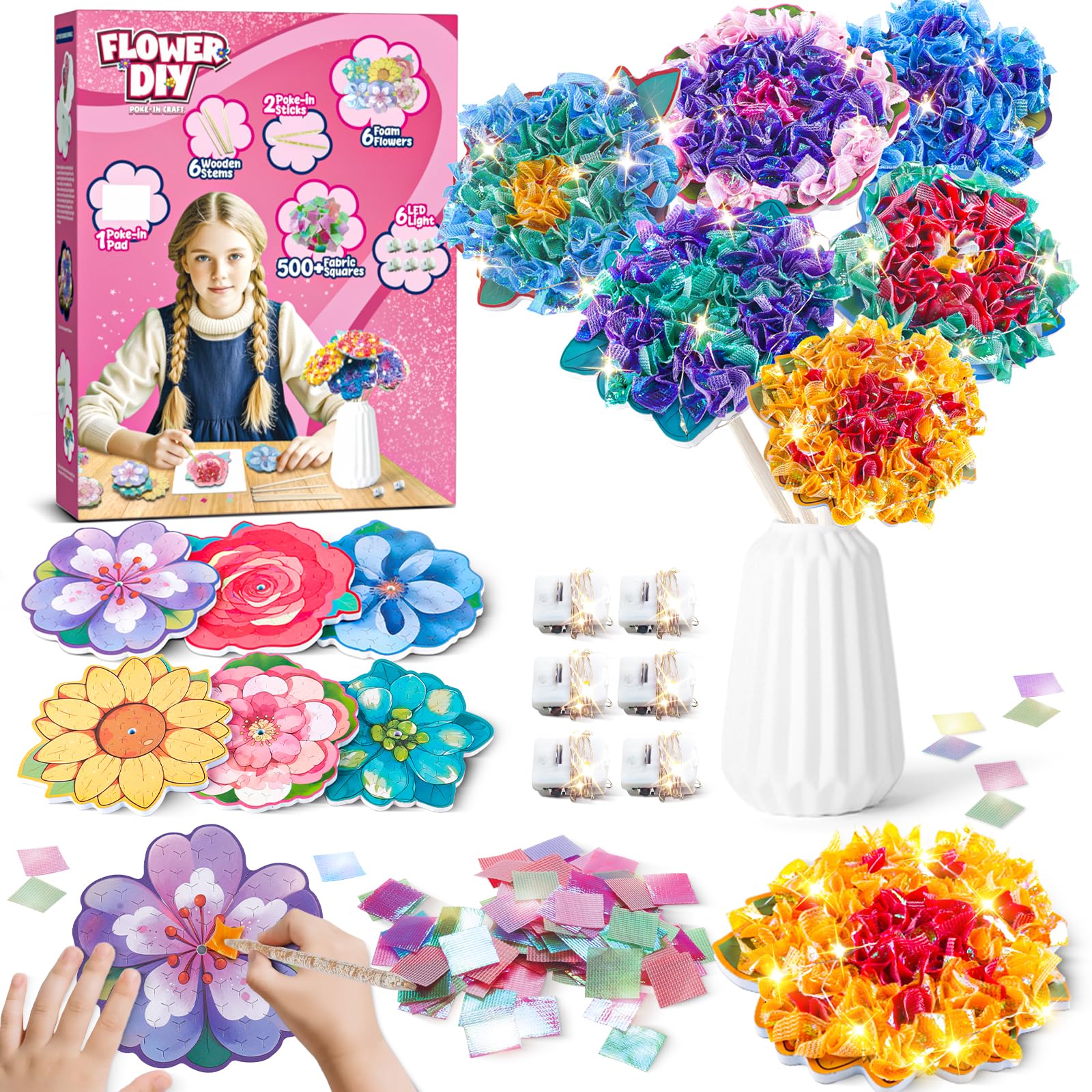 Flower Bouquet Art Craft Kit, Poke DIY Creative Activity Kit with with 6 Flowers & 6 Light Strings, Mess-Free Fun for Girls & Bo