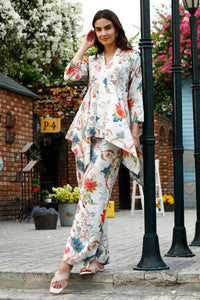 Leriya Fashion Women Ethnic Kurta Set | Rayon Co-Ord Set | Fancy Pajama Set | Pack Of 2 | Floral Printed Top & Pant Set | Full Pair Set | A-Line Kurta Set For Women (Small, White) White S Lf-K-W1848&Tr905
