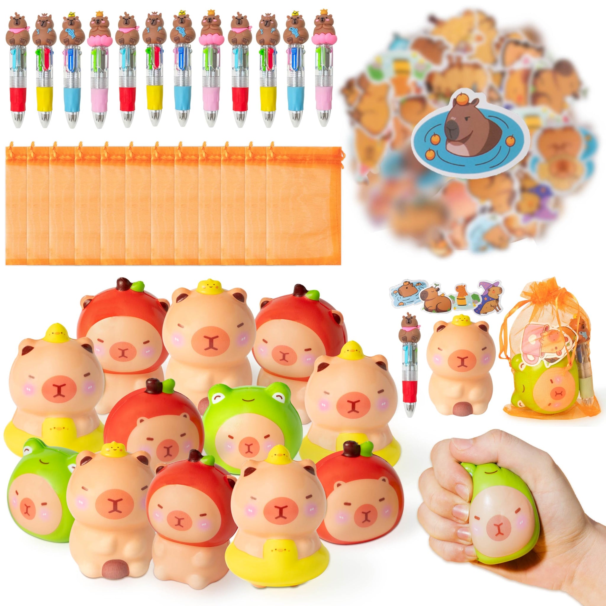 CY2SIDE 12 Pack Capybara Squeeze Toys Party Favor Gift Set, Included Random Slow Rising Squishy Toys 4-in-1 Ballpoint Pen Sticke