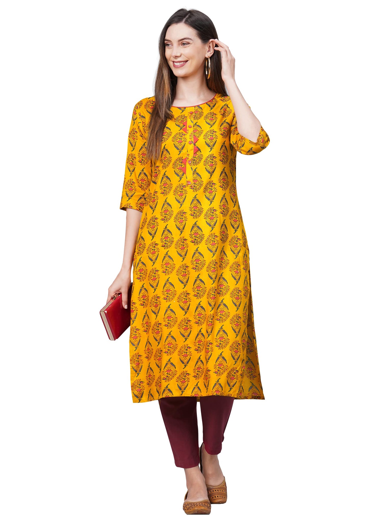 Anni Designer Women'S Rayon Straight Printed Kurta (Aumz Yellow_S-Yellow_Small),Yellow,S