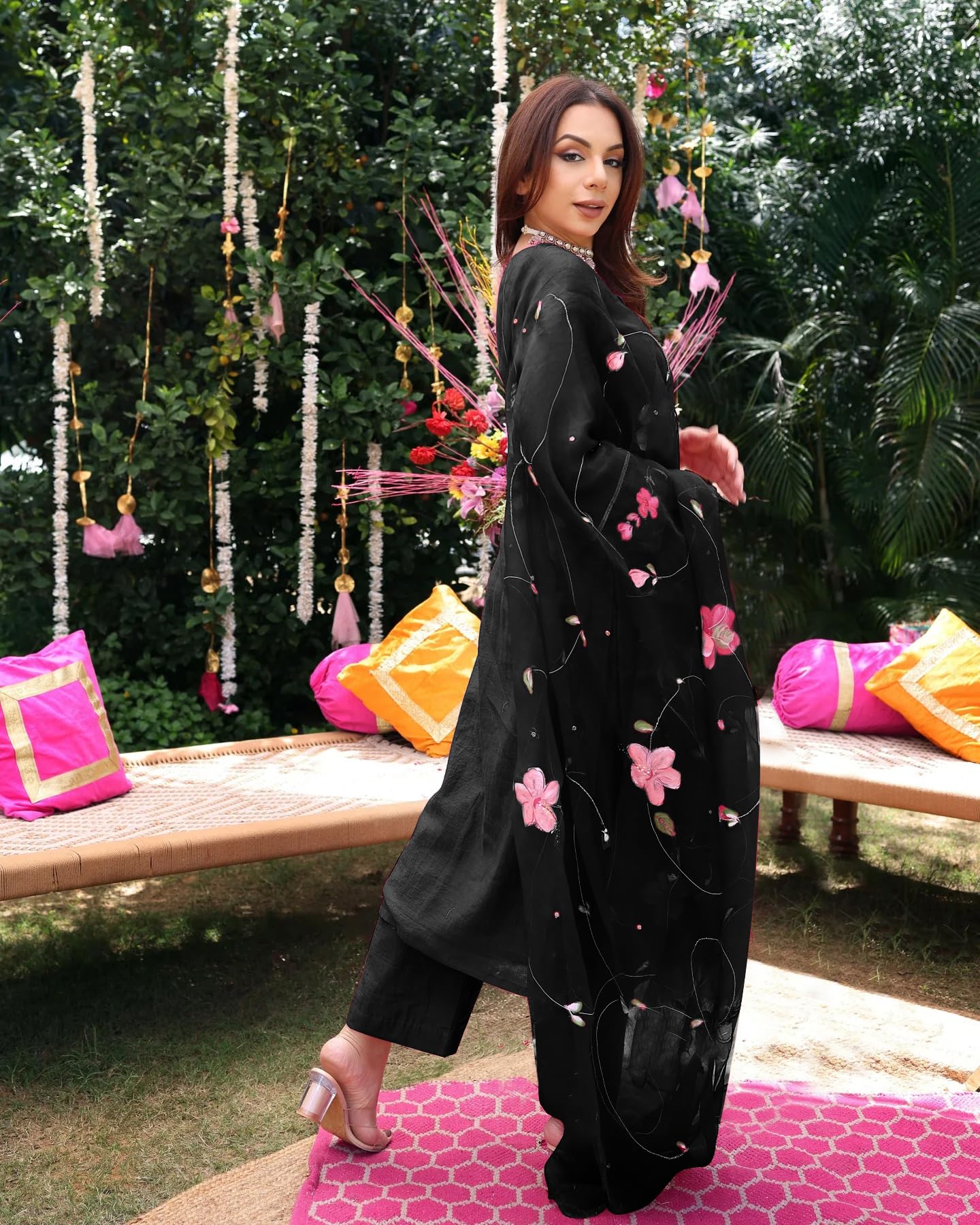 Anni Designer Women'S Rayon Blend Floral Straight Kurta With Pant & Dupatta (Roka Rani_Black_Small),Black,S,Rayon Blend,Regular,