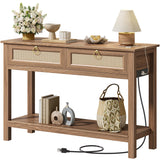 SUPERJARE Rattan Console Sofa Table with Outlets and USB-C Port, 2 Drawer Entryway Table with Synthetic Rattan Surface, 39 Inch,