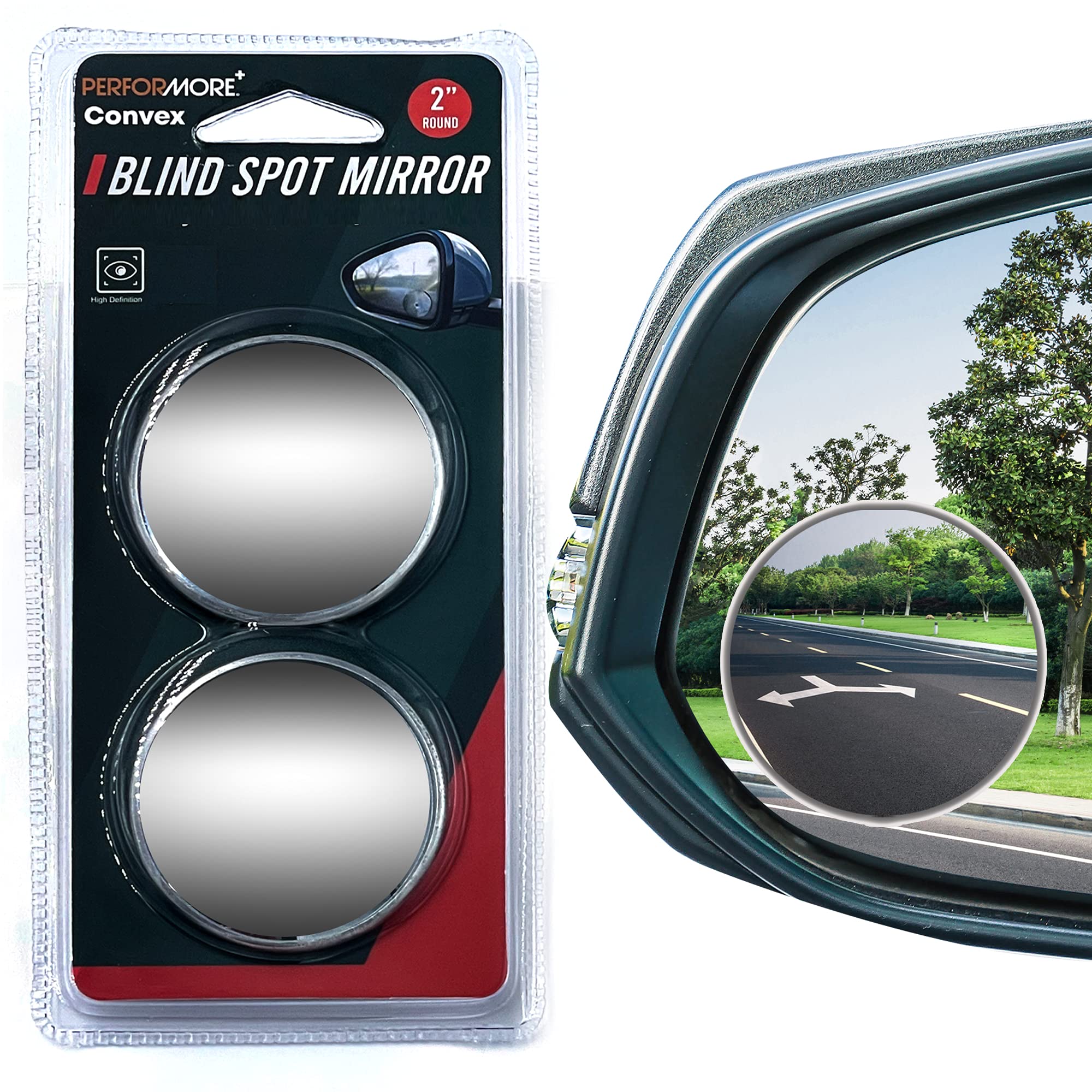 Performore 2 Pack Of Blind Spot Car Mirrors, 2 Inch Round Hd Glass Convex Rear View Wide Angle Side Mirror Blindspot With Self A