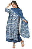 Anni Designer Women'S Cotton Blend Straight Printed Kurta With Palazzo & Dupatta (Nazneen Blue_L_Blue_Large),Blue,L