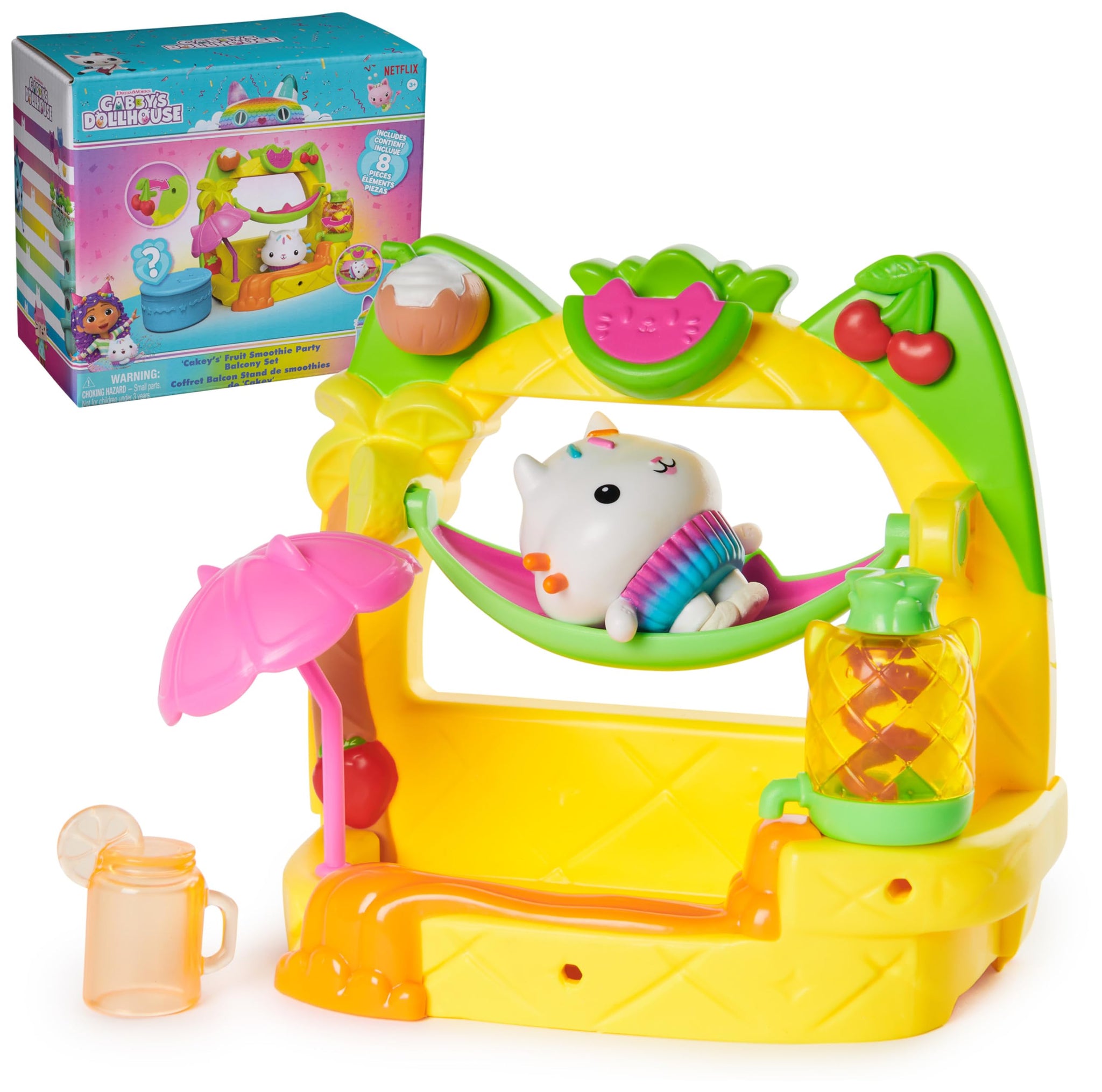 Gabby's Dollhouse, Cakeys Fruit Smoothie Balcony Playset, 8-Pcs with Toy Figures, Dollhouse Accessories & Sensory Play, Kids Toy
