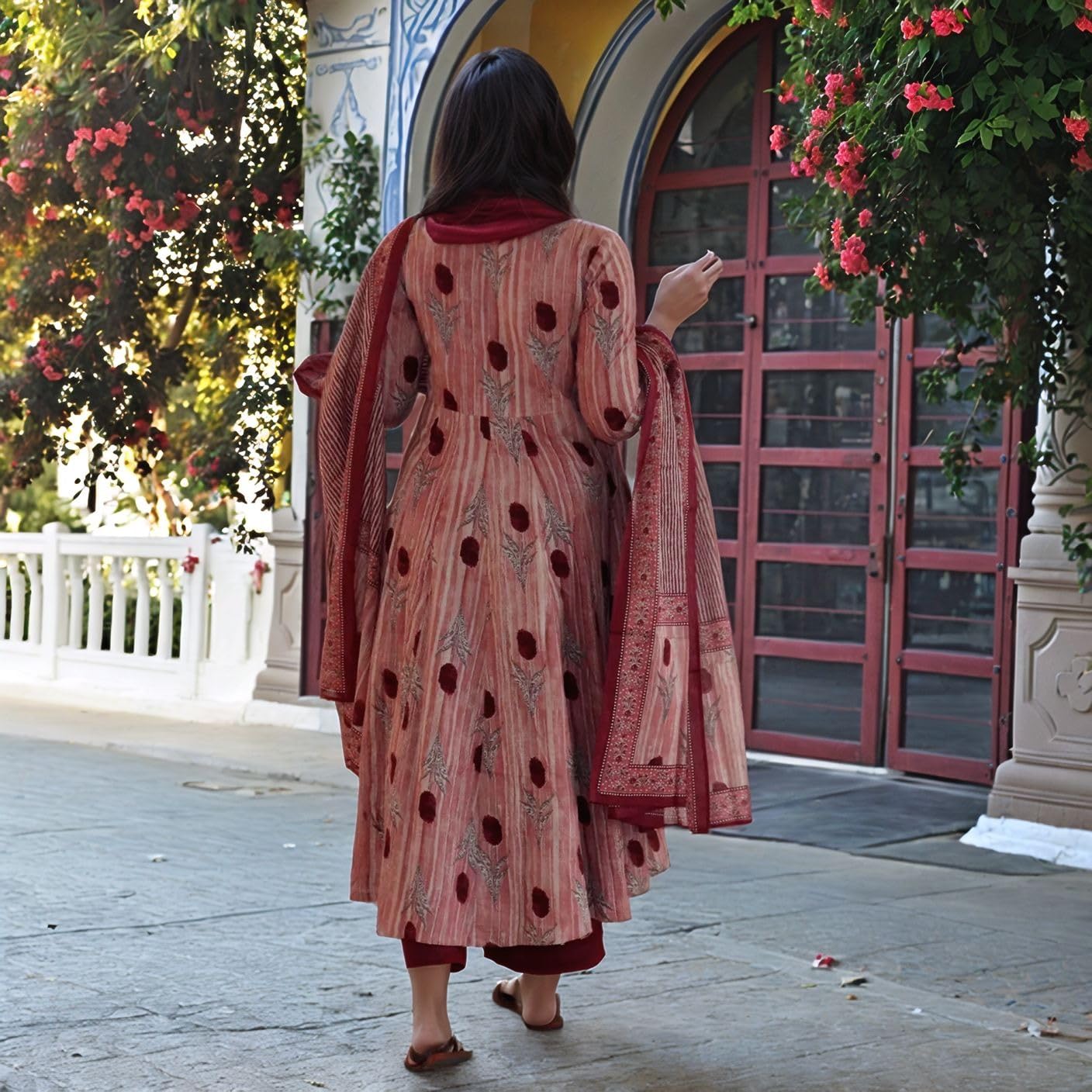 Anni Designer Women'S Rayon Viscose Printed Anarkali Kurta With Pant & Dupatta (Prisha Wine-Vks01_Xl_Wine_X-Large),Wine,XL,Rayon,Anarkali,