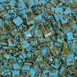 Miyuki Tila Beads - 2 Hole Square Beads, 5x5x1.9 mm, 5 Grams Glass Beads Picasso Turquoise (TL4514)
