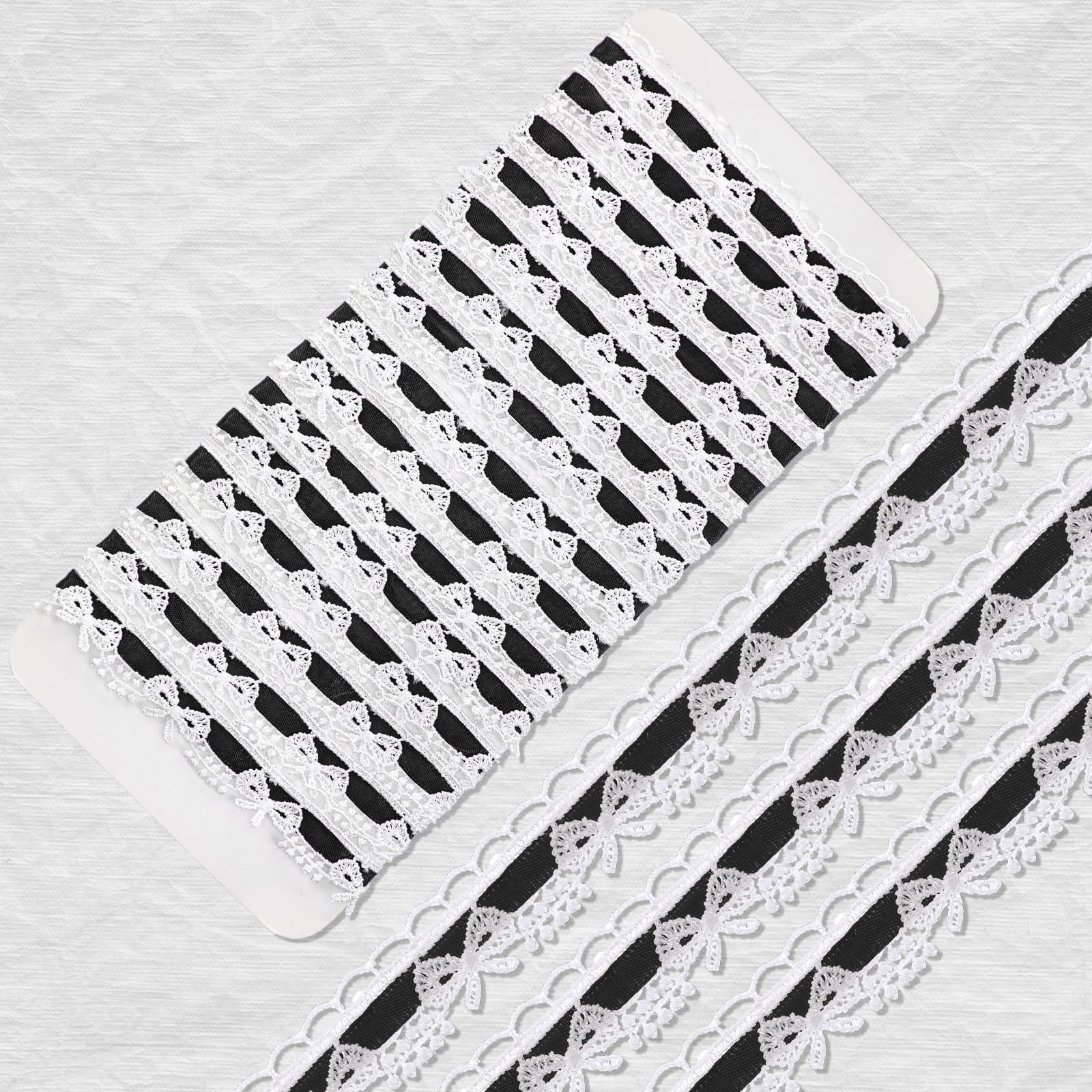 Hahafelt 10 Yards Black Lace Ribbon White Bow Lace Trim Ruffle Sewing Scalloped Ribbon for Gift Wrapping, Bows, Craft, DIY, Swag