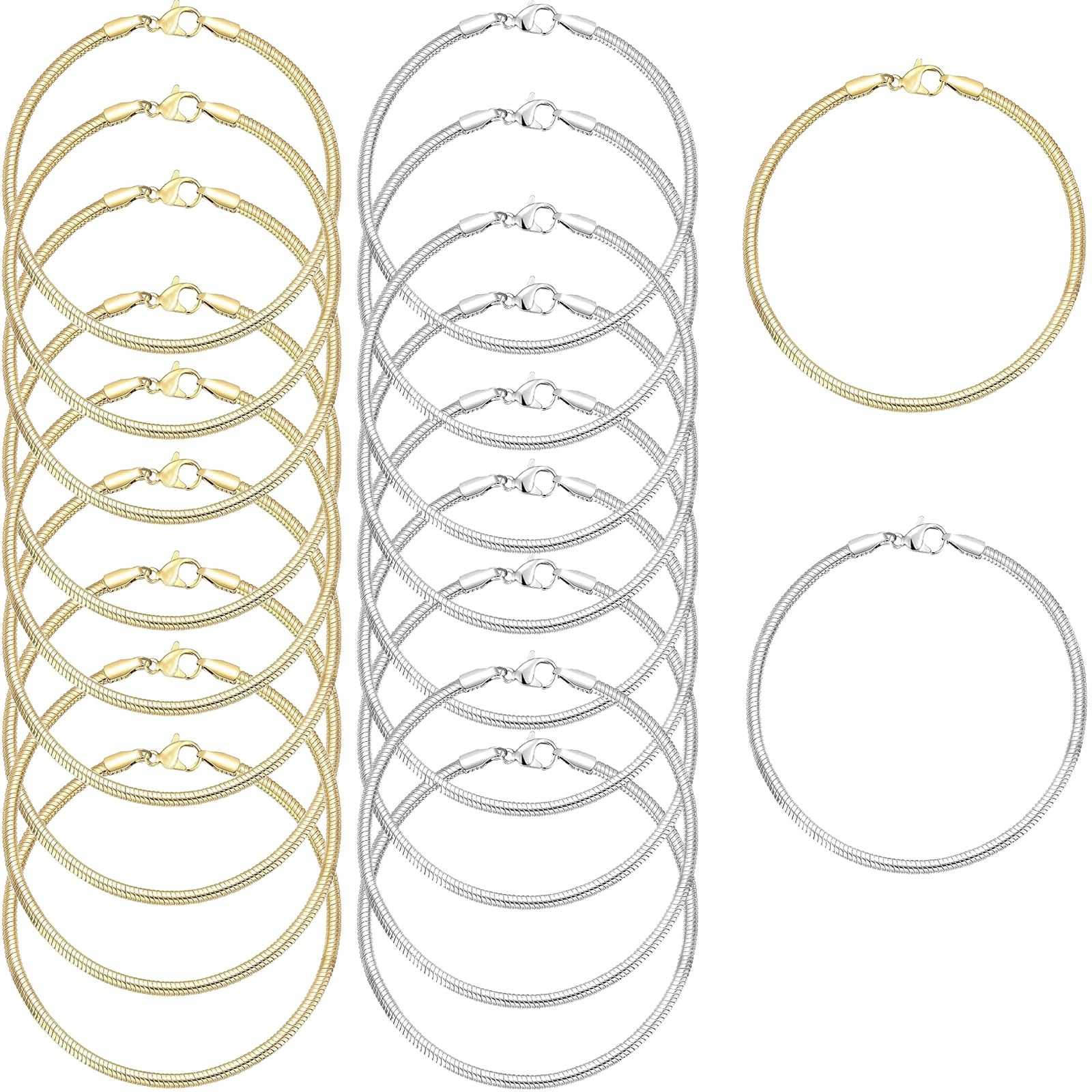 20 Pcs Snake Charm Bracelet Chain 8 Inch Gold Silver Charm Bracelet Kit, Snake Chain Bracelets Chains Pack with Polishing Cloth 
