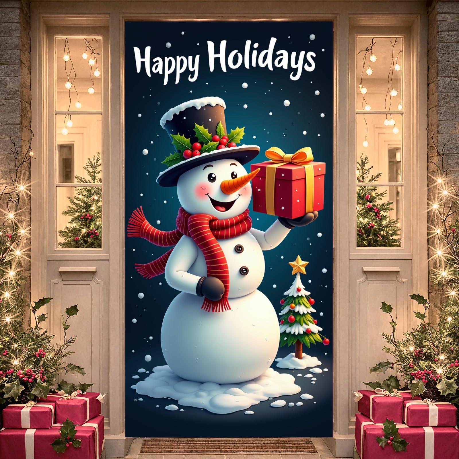 Large Christmas Snowman Door Cover Happy Holidays Door Banner Outdoor Decoration Winter Backdrop for Xmas Home Party Decor Banne